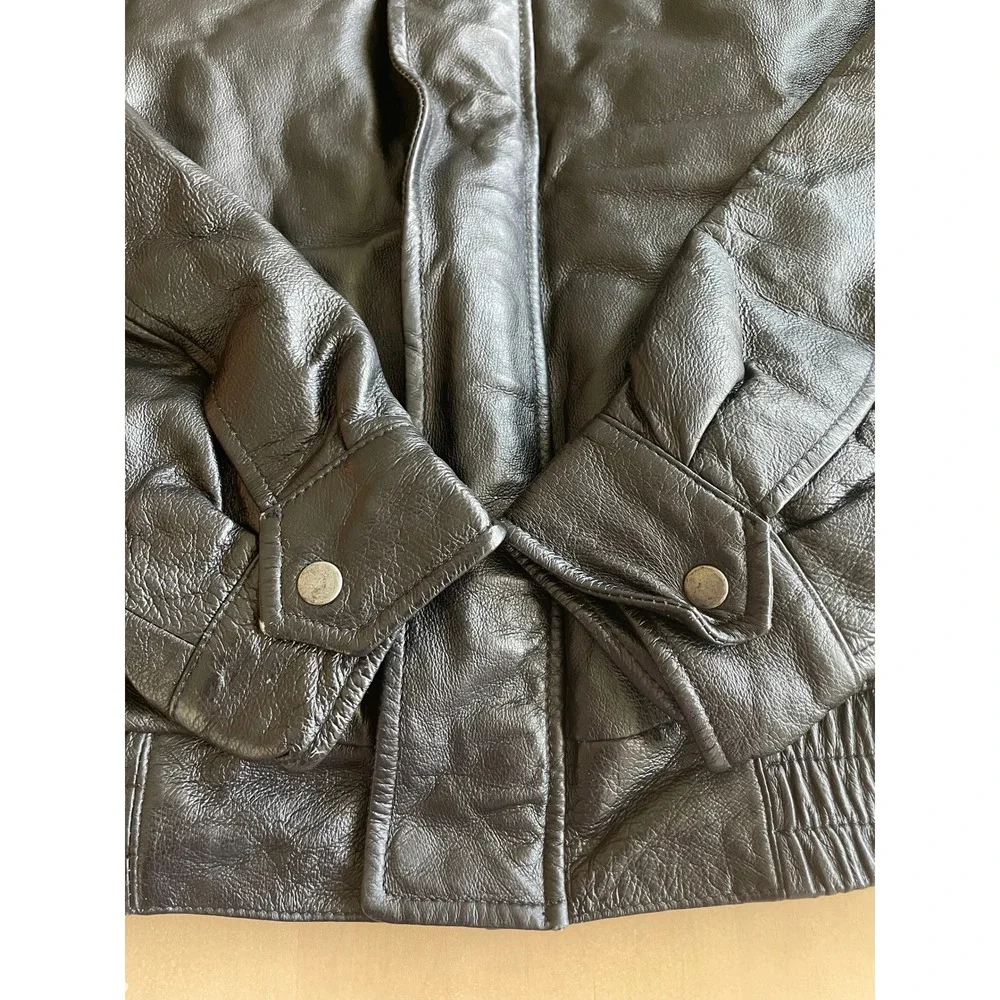 VTG Y2K Kids Russell Scott Black Genuine Leather Bomber Jacket - Size 10/12